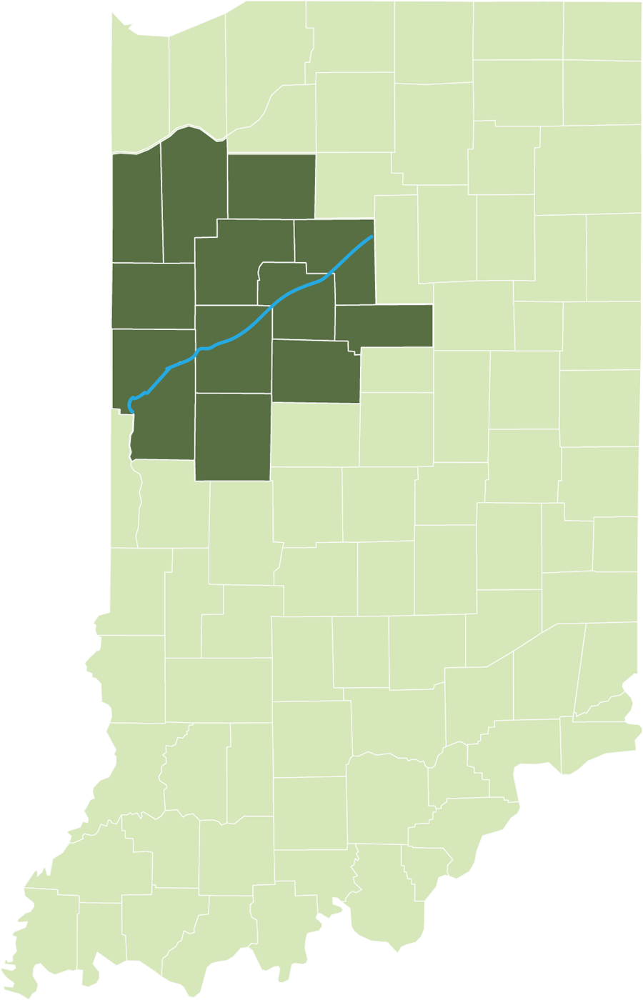 Outline of the state of Indiana with the counties where NICHES works highlighted.