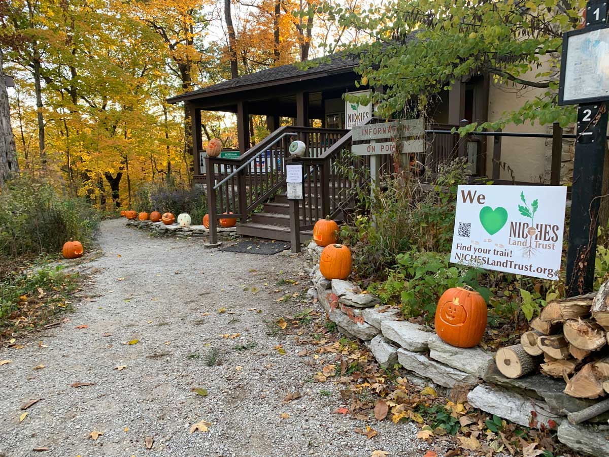 Entry at the Clegg Memorial Garden decorated with pumpkins